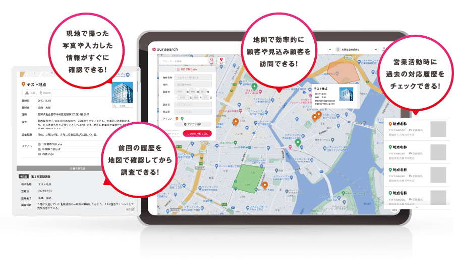 地図上にピンをプロットすることで、写真や入力した情報が登録・確認ができます。営業活動時に過去の対応履歴もチェックできます。