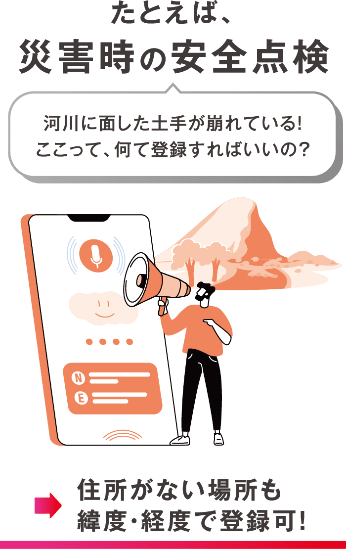 たとえば、災害時の安全点検。河川に面した土手が崩れている！ここって、何て登録すればいいの？ それが、住所がない場所も緯度・経度で登録可！